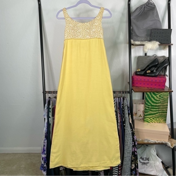 VINTAGE 70’s Pastel Yellow Empire Waist Dress w Train - Picture 1 of 14